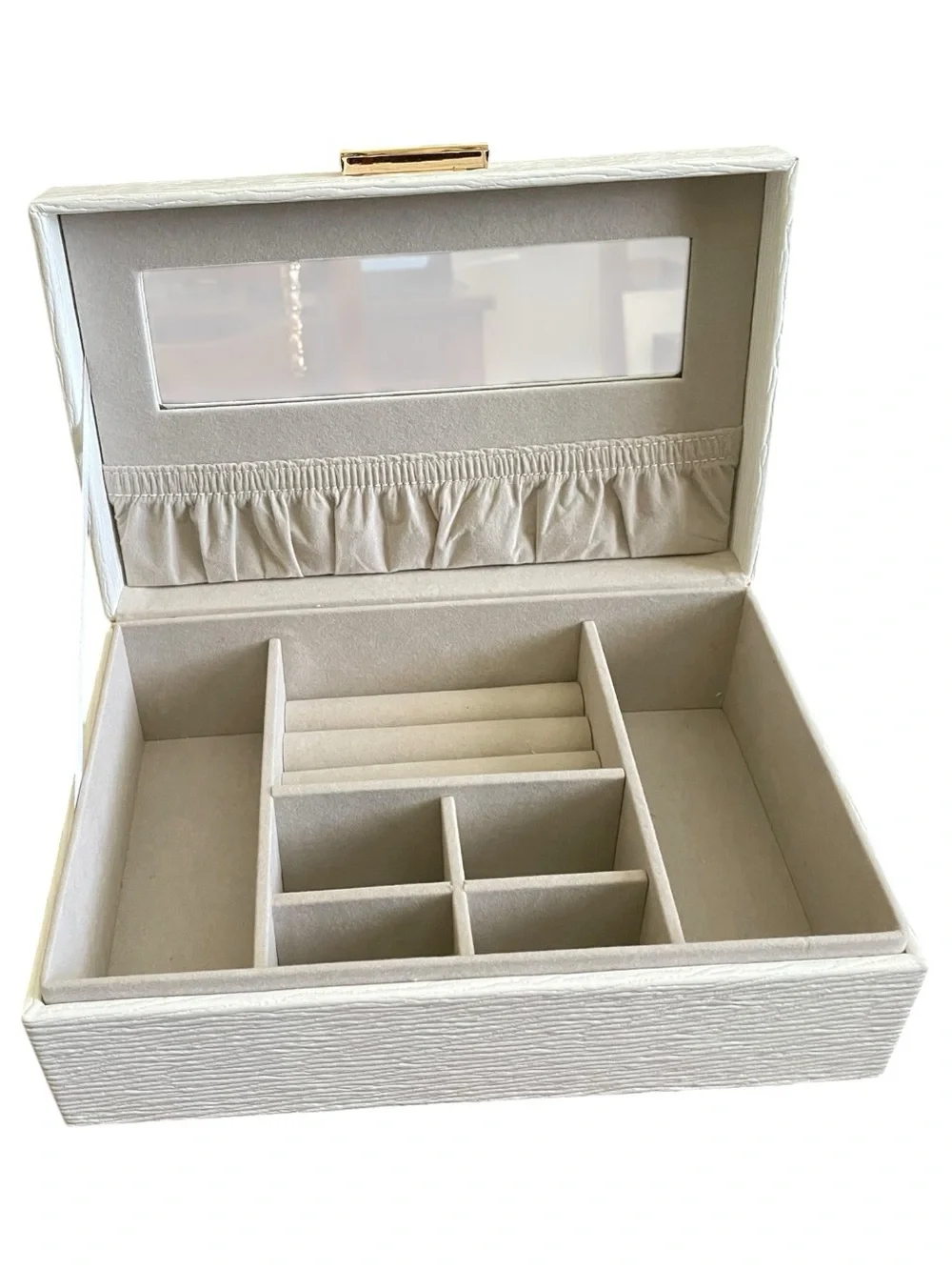 cupcakes & cashmere Cream Textured Jewelry Organizer with Mirror & Compartments